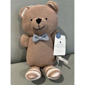 LIVING TEXTILES Brooklyn Bear Knitted Toy Rattle Blue Bow 15" Baby Nursery New
